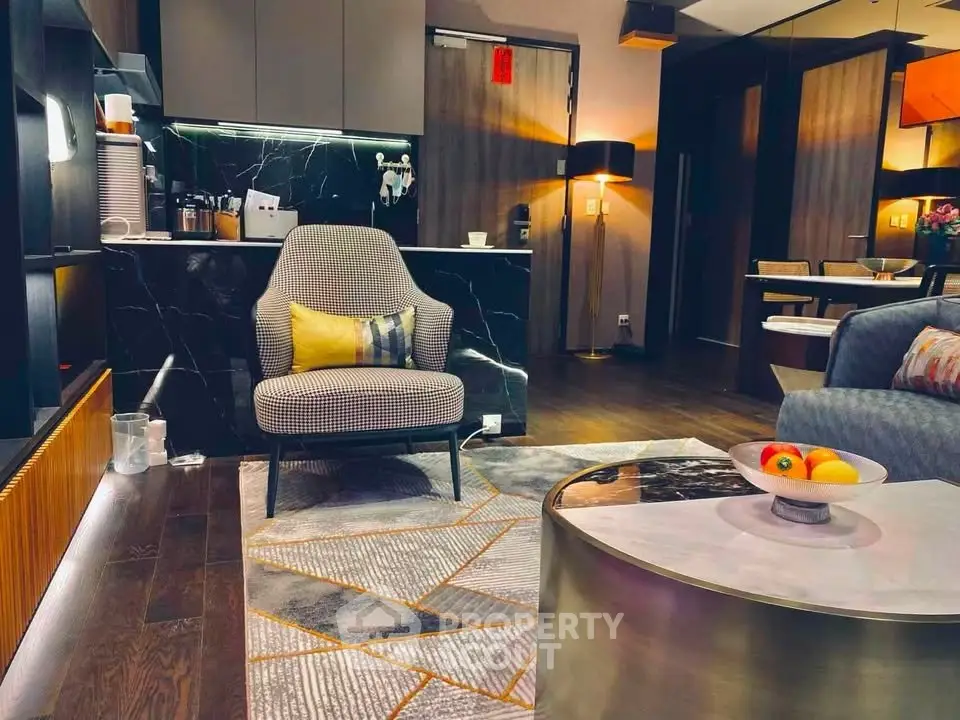 Luxurious modern living room with stylish decor and open kitchen layout