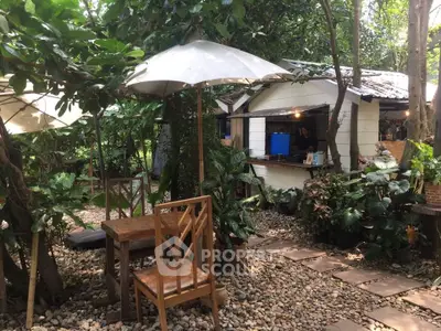 Charming garden cafe with rustic wooden furniture and lush greenery