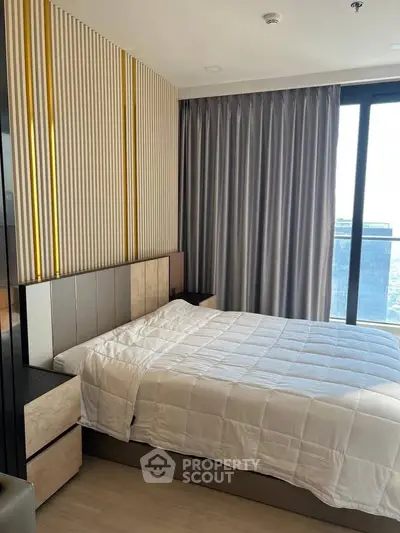 Luxurious bedroom with modern design and stunning city view