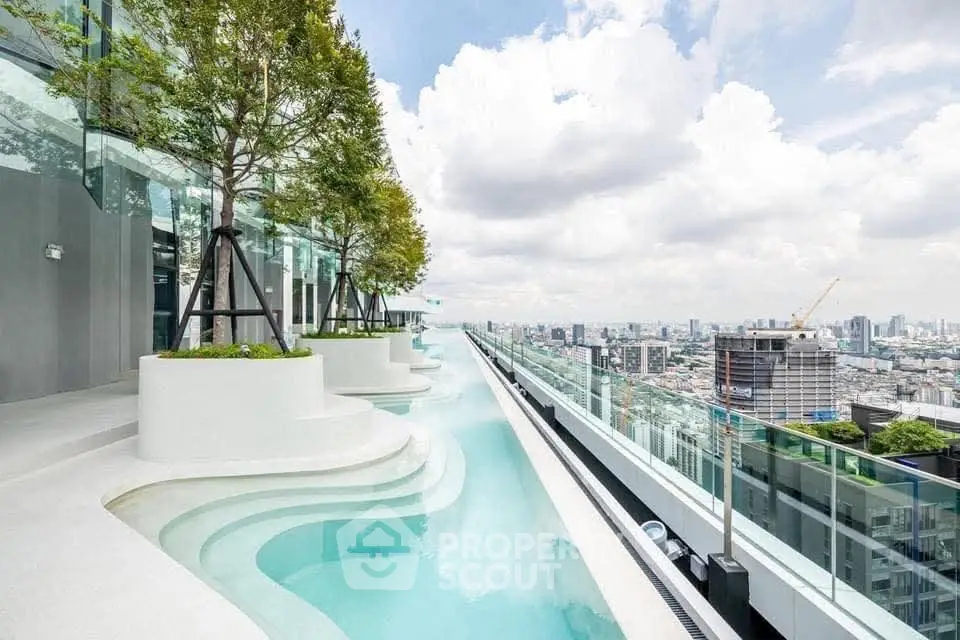 Luxurious rooftop pool with stunning city skyline views in modern high-rise building.