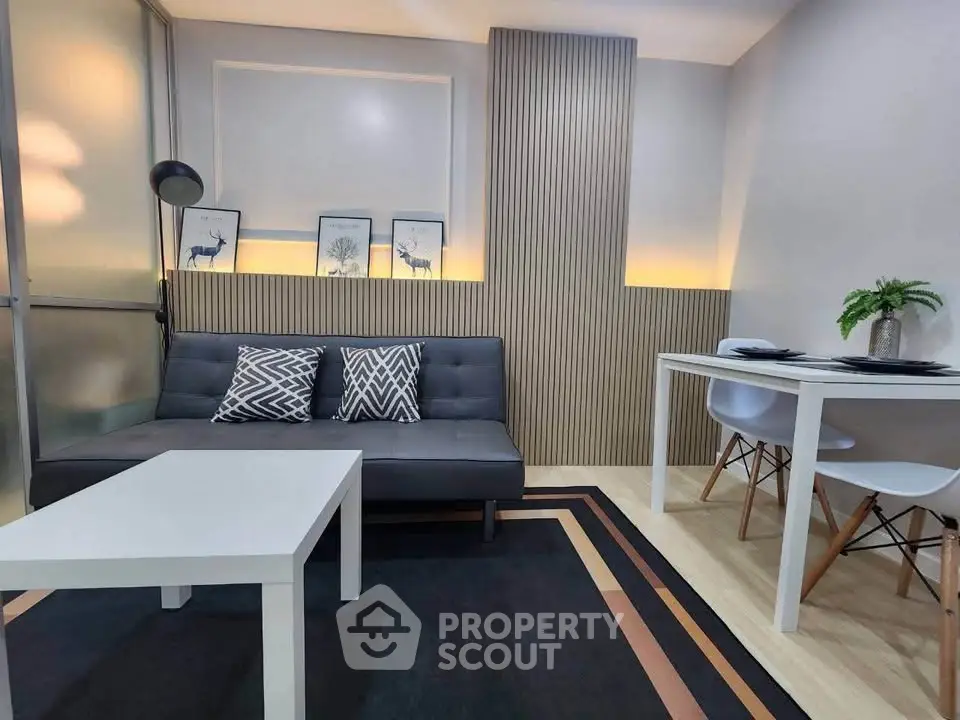 Modern living room with stylish decor and cozy seating area