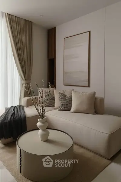 Elegant modern living room with neutral tones and stylish decor