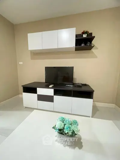 Modern living room with sleek TV stand and decorative accents