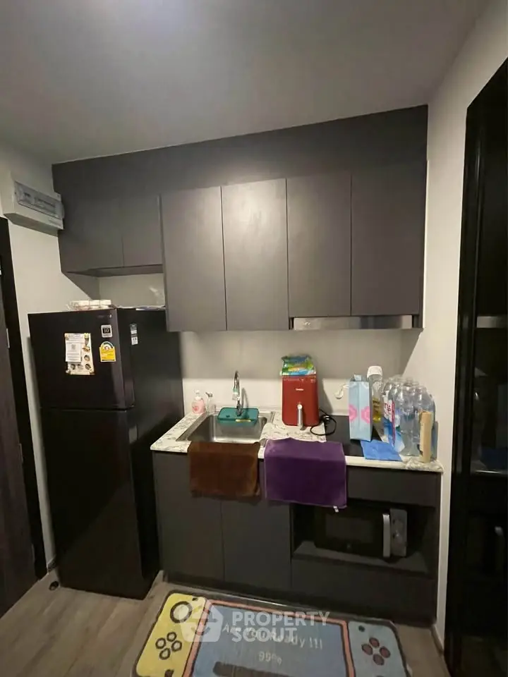 Modern compact kitchen with sleek cabinetry and appliances in a cozy apartment setting.