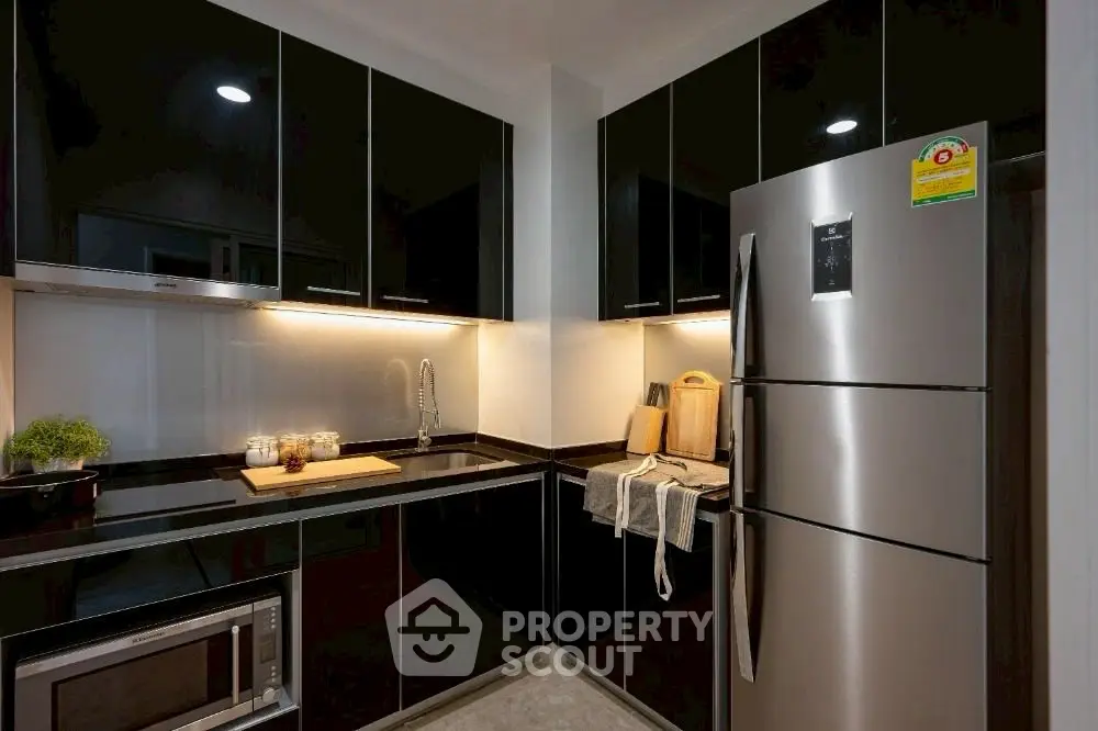 Modern kitchen with sleek black cabinets and stainless steel appliances