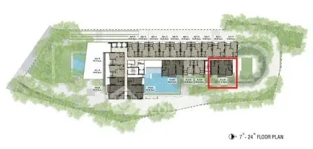 Explore the detailed floor plan of a modern residential building with lush green surroundings.