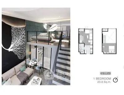 Modern loft-style one-bedroom apartment with mezzanine and stylish decor, featuring open living space and floor plan.