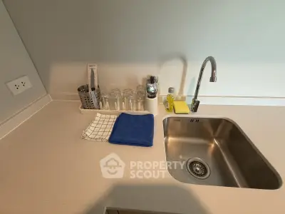 Modern kitchen sink with sleek countertop and organized utensils