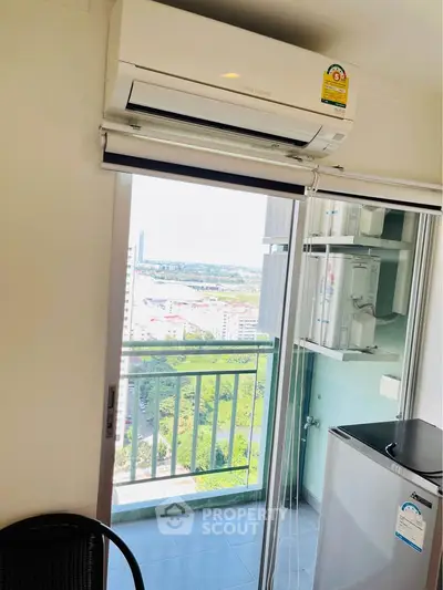 Modern apartment balcony with air conditioning and scenic city view