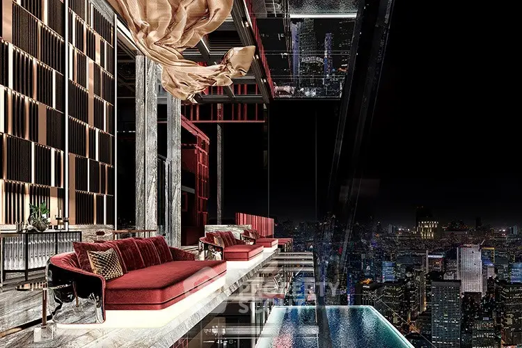Luxurious modern living room with stunning city skyline view and elegant interior design.