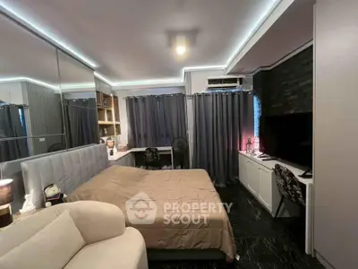 Modern bedroom with stylish decor, cozy bed, and ambient lighting for a comfortable living experience.