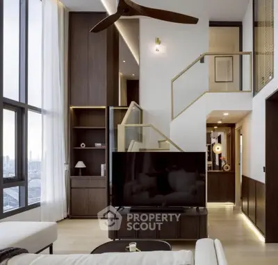 Luxurious modern living room with high ceilings, large windows, and elegant wooden finishes.