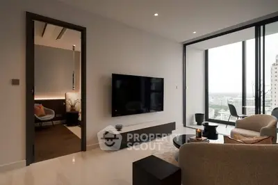 Luxurious modern living room with sleek design and stunning city view from large windows.