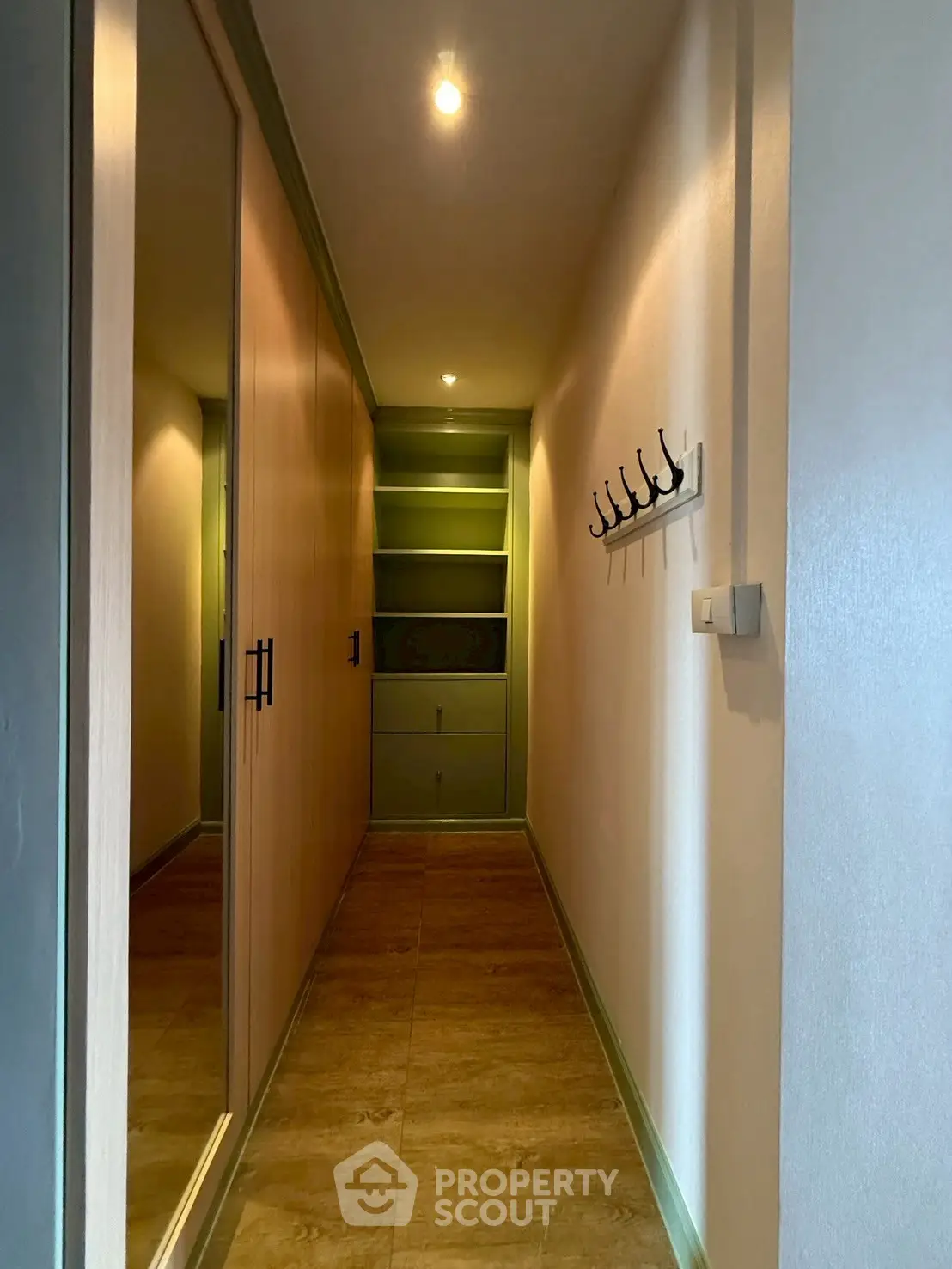 Spacious hallway with built-in storage and modern lighting