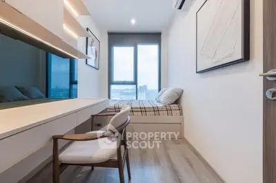 Modern minimalist bedroom with large window and stylish decor