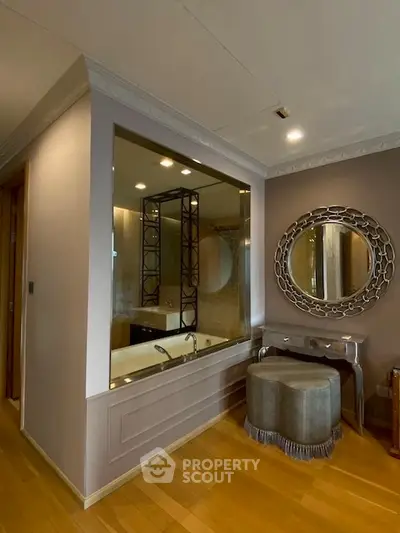 Luxurious bathroom with elegant decor and built-in bathtub