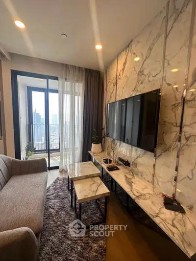 Luxurious living room with marble wall and city view balcony