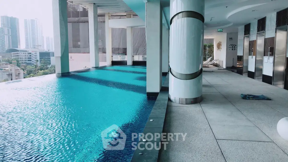 Luxurious rooftop pool with stunning city views in modern high-rise building.