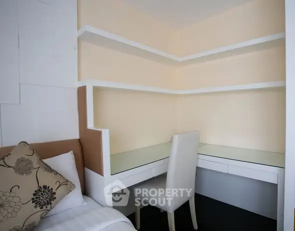 Cozy study nook with built-in shelves and modern desk in a compact space