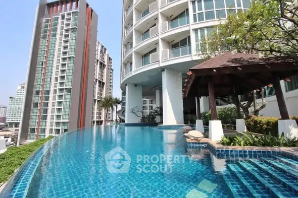 Luxurious high-rise building with stunning rooftop pool and city views.