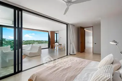 Luxurious bedroom with stunning view and modern open layout, featuring elegant decor and spacious design.