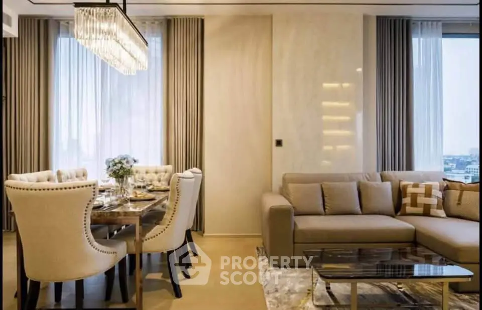 Luxurious modern living room with elegant dining area and plush sofa