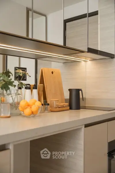 Modern kitchen with sleek cabinetry and stylish countertop accessories.
