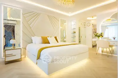 Luxurious modern bedroom with elegant lighting and stylish decor