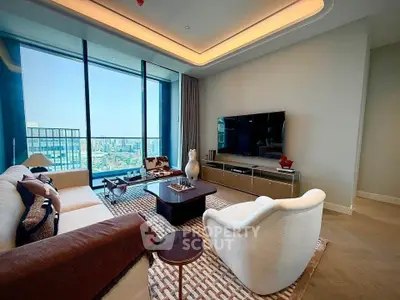 Luxurious living room with panoramic city view, modern furniture, and elegant decor in high-rise apartment.