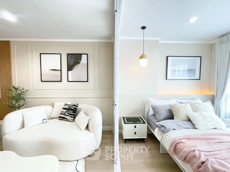 Stylish modern living room and bedroom with cozy decor and elegant furnishings.