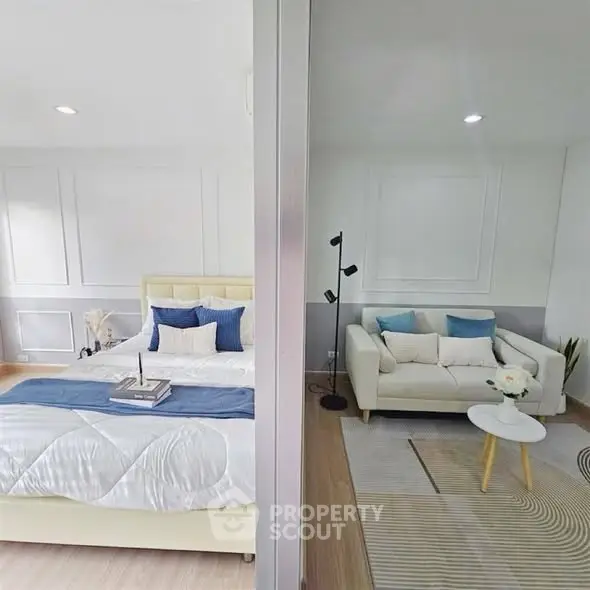 Modern bedroom and living room with stylish decor and cozy ambiance