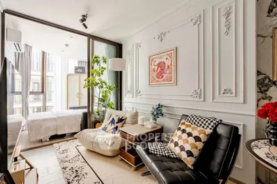 Luxurious living room with elegant decor and cozy seating in a modern apartment