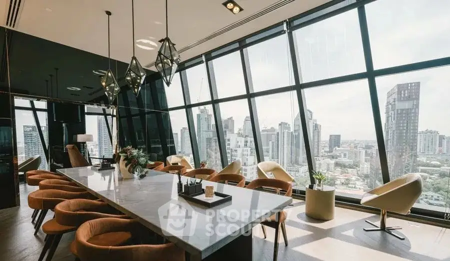 Luxurious modern dining area with panoramic city views and elegant furnishings.