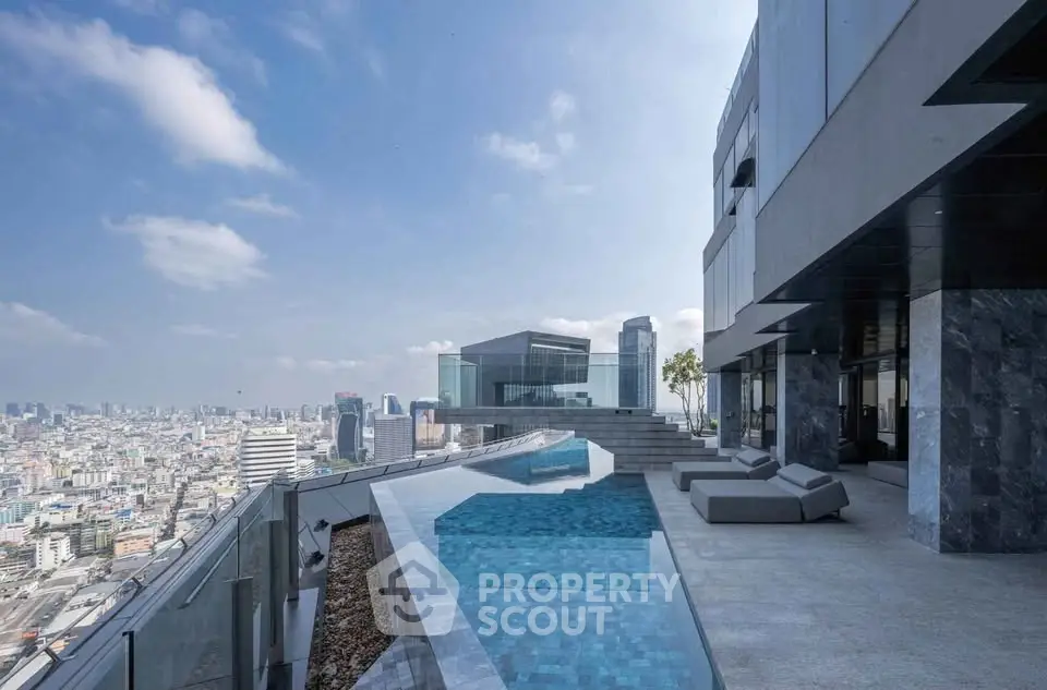 Luxurious rooftop pool with stunning city skyline view in modern high-rise building.