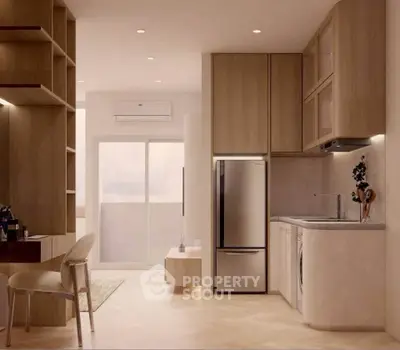 Modern kitchen with sleek appliances and open layout in stylish apartment