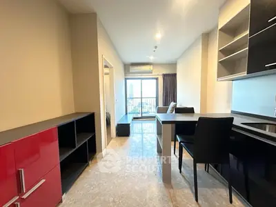 Modern living room with open kitchen and balcony view in stylish apartment