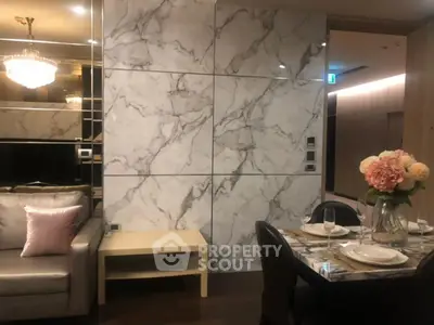 Luxurious modern living room with marble wall and elegant dining setup