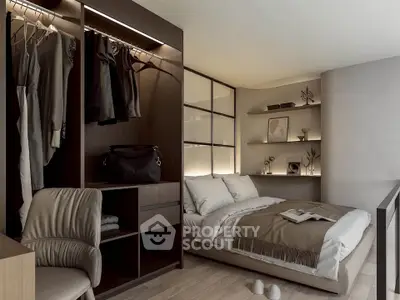 Luxurious modern bedroom with elegant open closet and cozy decor