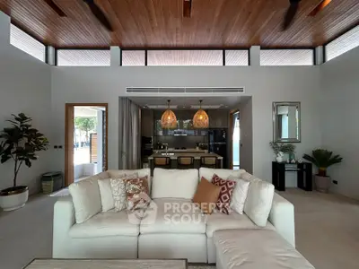 Luxurious open-plan living room with modern kitchen and stylish decor