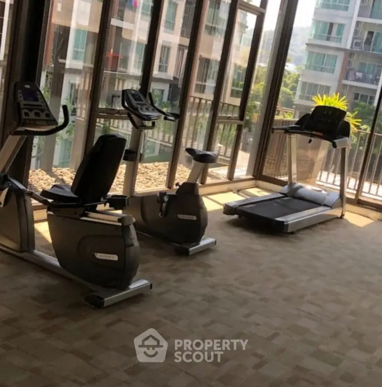 Modern gym with exercise bikes and treadmill in a high-rise building with large windows.