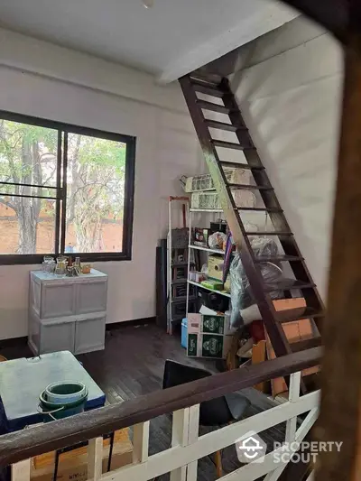 Cozy loft-style room with ladder access and large window view