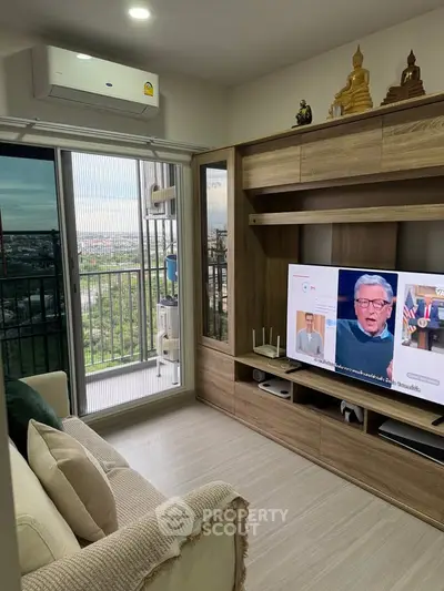 Modern living room with balcony view and stylish wooden furniture