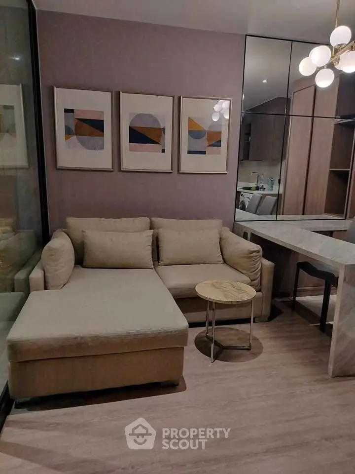 Modern living room with stylish decor and cozy seating area