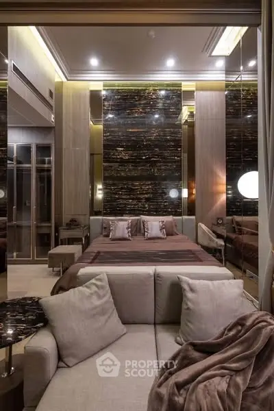 Luxurious modern bedroom with elegant decor and ambient lighting