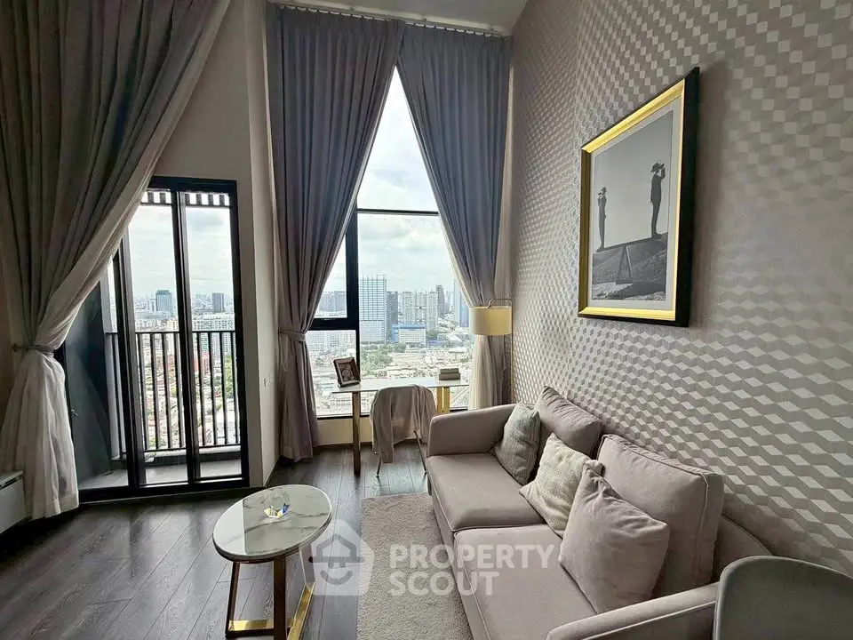 Luxurious high-rise living room with stunning city view and elegant decor