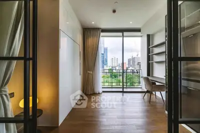 Modern study room with city view and balcony access in luxury apartment