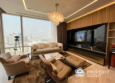 Luxurious living room with panoramic city views, elegant furniture, and a large flat-screen TV, perfect for upscale urban living.