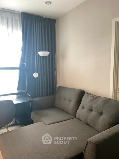 Cozy living room with modern gray sofa and natural light
