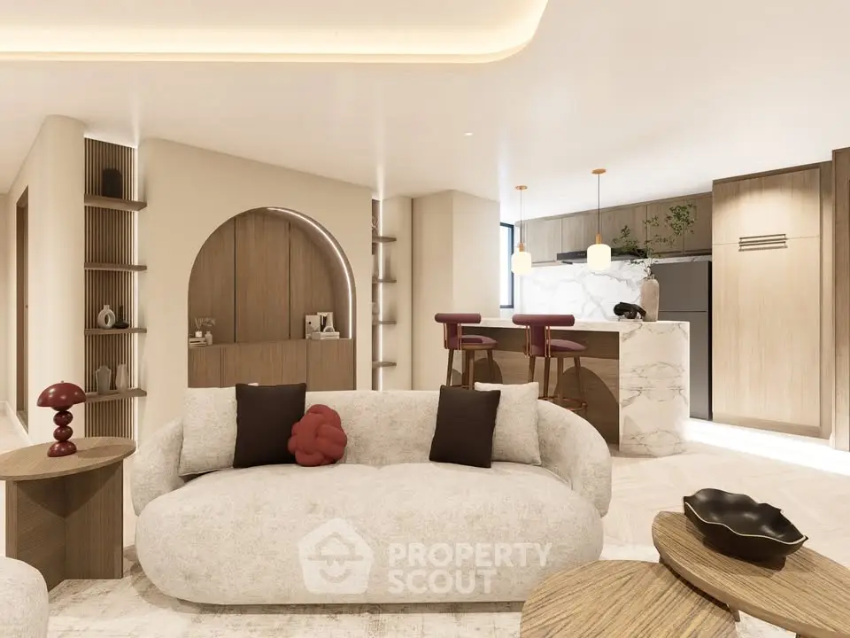 Luxurious modern living room with elegant furniture and open kitchen design