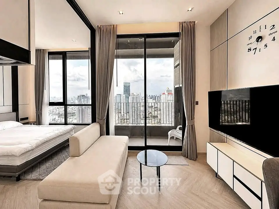 Luxurious modern living room with panoramic city view and elegant decor
